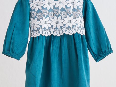 Teal velvet lace girl dress For Discount