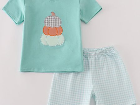 Blue pumpkin applique plaid boy set Online Hot Sale