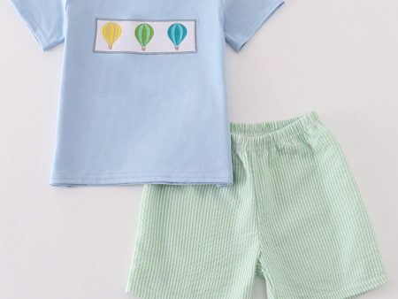 Blue hot air balloon embroidery boy set For Cheap