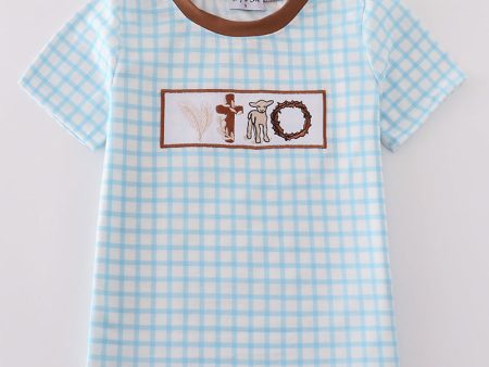 Blue easter cross sheep embroidery boy top Hot on Sale