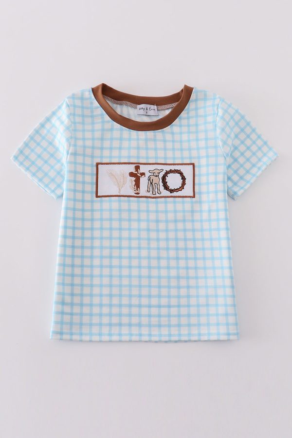 Blue easter cross sheep embroidery boy top Hot on Sale