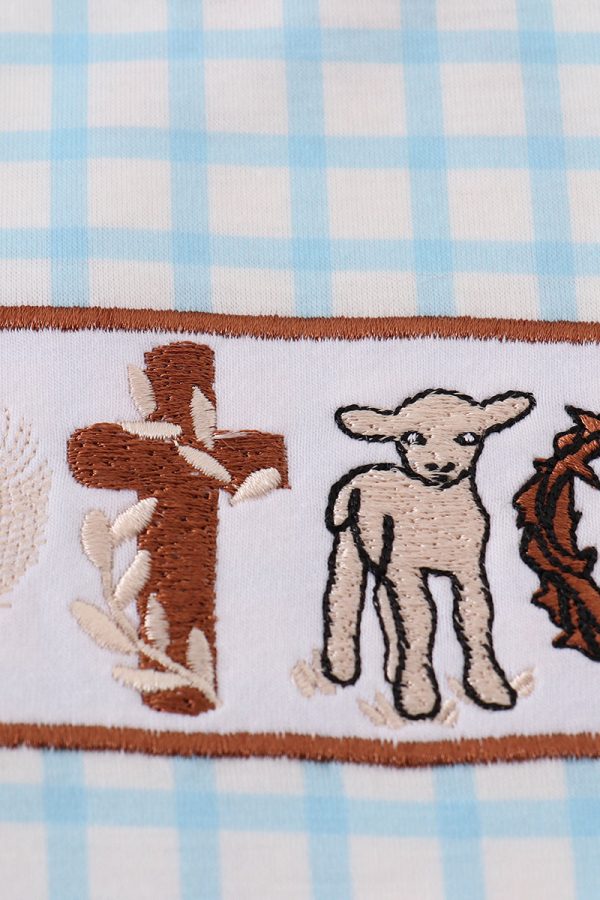 Blue easter cross sheep embroidery boy top Hot on Sale