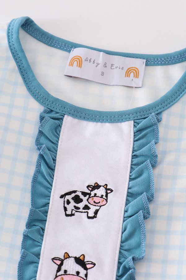 Blue gingham cow embroidery girl pajamas set Online Hot Sale