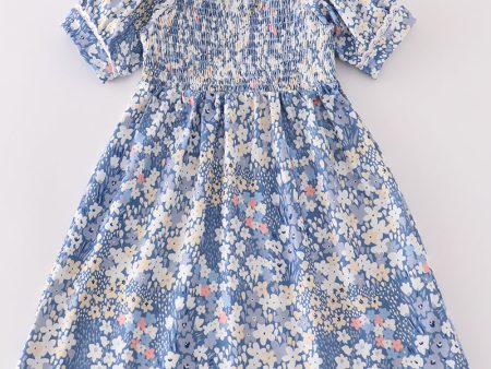 Blue delicate floral smocked girl dress Online