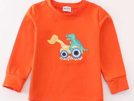 Orange dinosaur excavator applique boy top Fashion