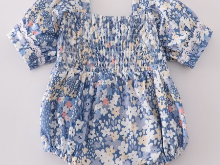 Blue delicate floral smocked girl bubble Online