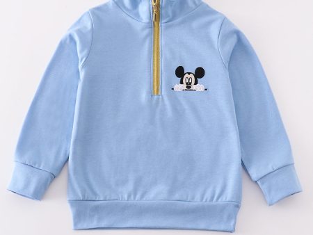 Blue character embroidery boy zipper pullover Online Sale