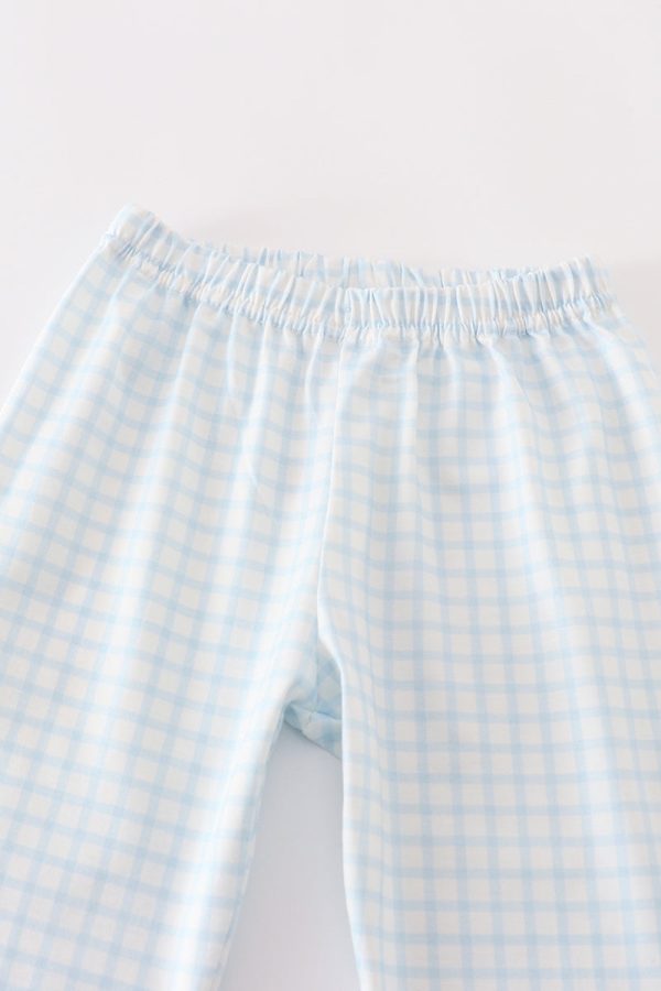 Blue gingham cow embroidery boy pajamas set For Discount