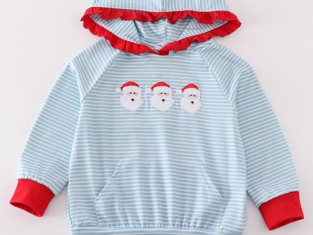 Blue stripe christmas santa ruffle embroidery girl hoodie For Cheap