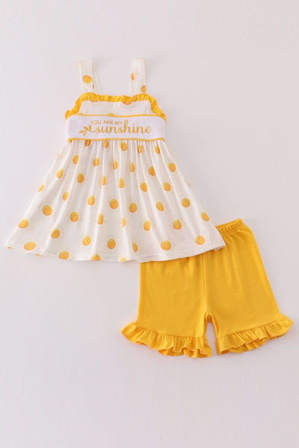 Yellow you are my sunshine embroidery girl set For Cheap