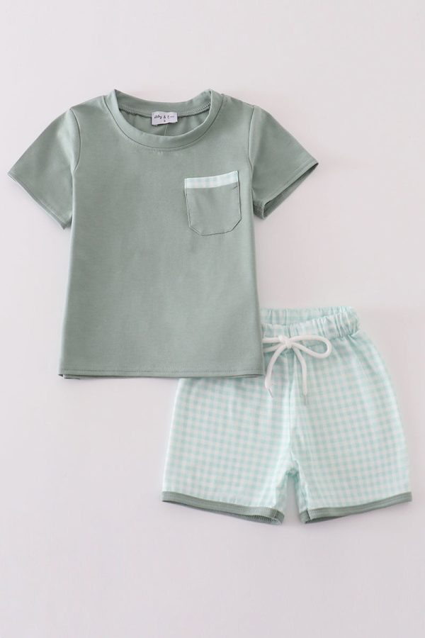 Sage gingham boy shorts set For Cheap