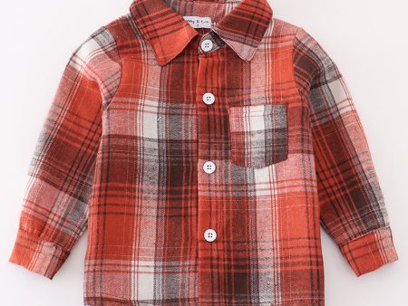 Rust plaid boy button down shirt For Cheap