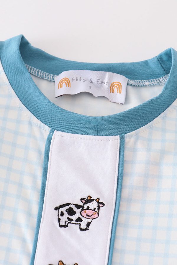 Blue gingham cow embroidery boy pajamas set For Discount