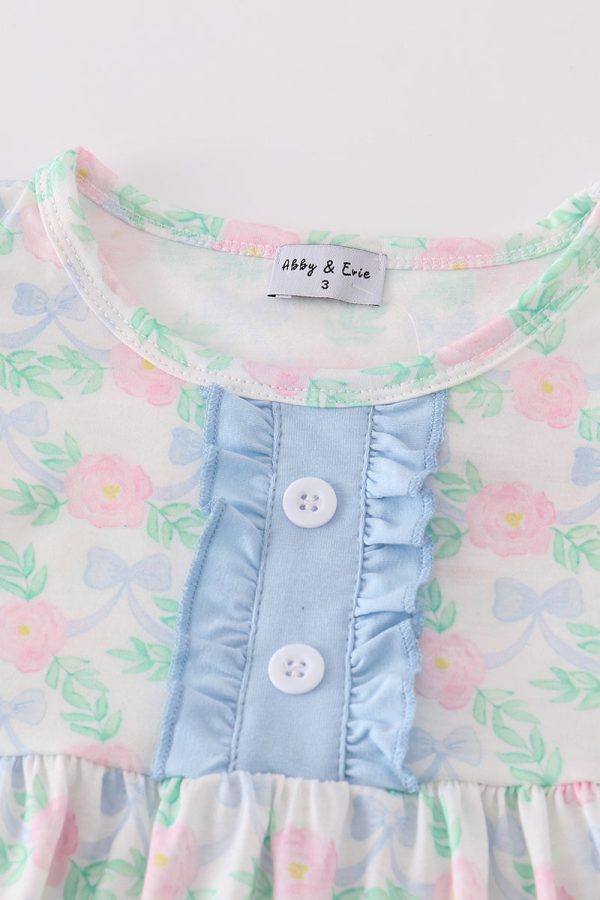 Blue floral bow print girl set Online Sale