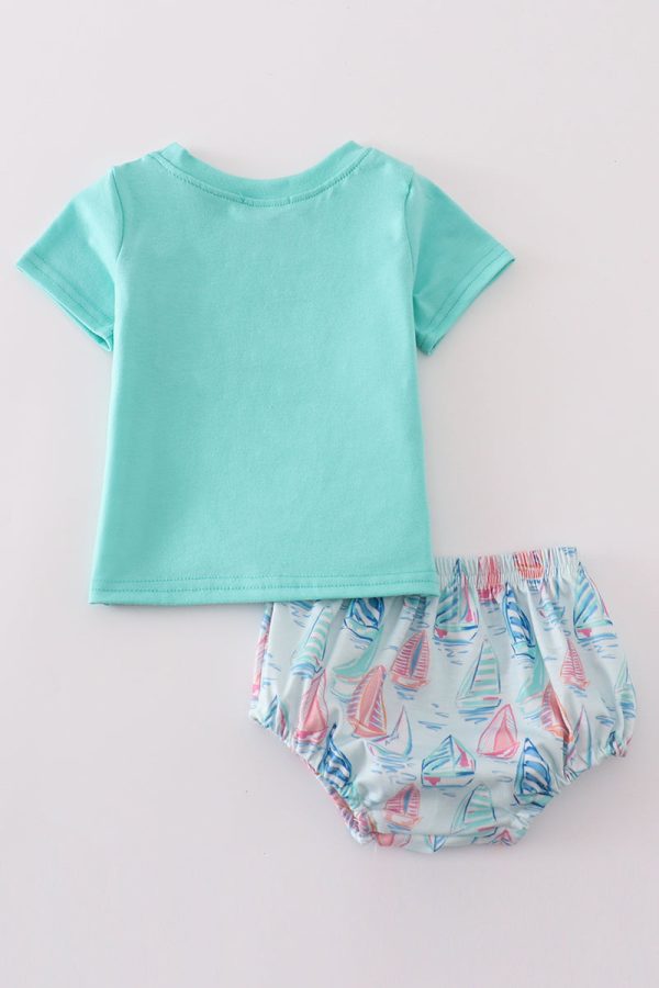 Green sailboat print boy bloomer set For Cheap