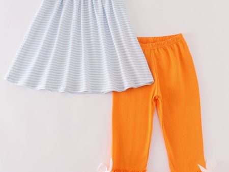 Blue stripe pumpkin french knot girl set Fashion