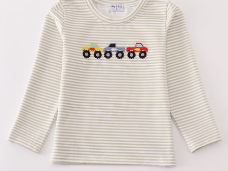 Gray stripe monster truck embroidery boy top Sale