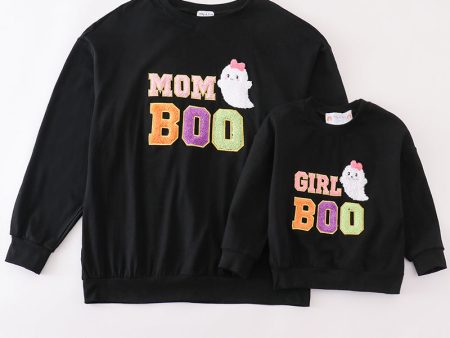 Black halloween MOM&GIRL BOO chenille patch top Cheap