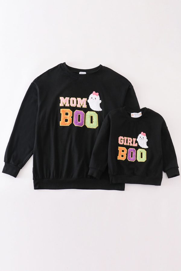 Black halloween MOM&GIRL BOO chenille patch top Cheap