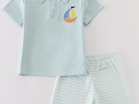 Blue stripe sailboat embroidery boy set Sale