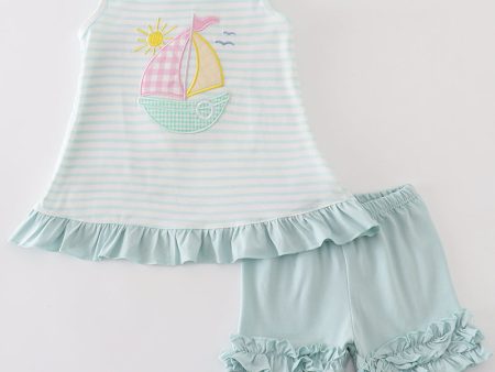 Blue stripe sailboat embroidery girl set Online