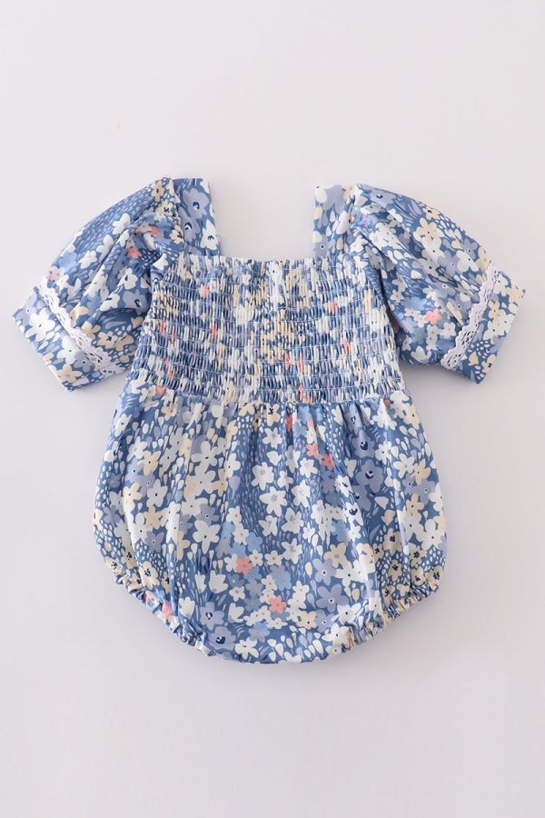 Blue delicate floral smocked girl bubble Online