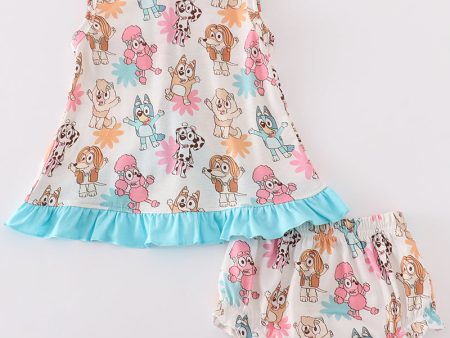 Blue character print ruffle girl bloomer set Hot on Sale