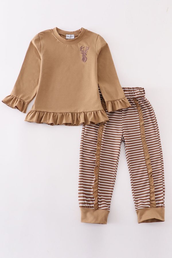 Brown stripe antler embroidery girl set Supply