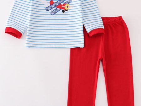 Blue stripe airplane applique boy set Sale