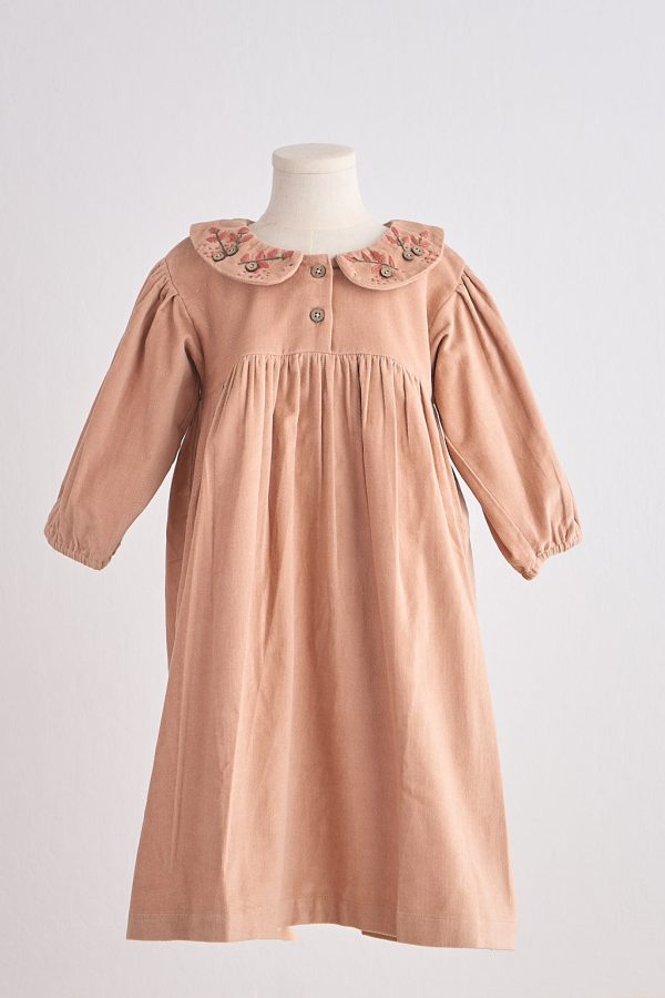 Beige floral embroidery velveteen girl dress Sale