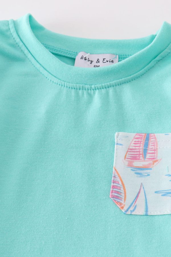 Green sailboat print boy bloomer set For Cheap