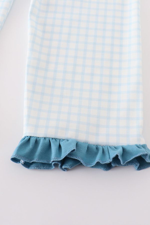 Blue gingham cow embroidery girl pajamas set Online Hot Sale