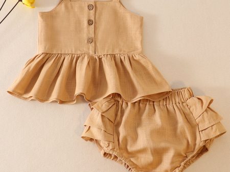 Beige linen ruffle 2pc baby set Supply