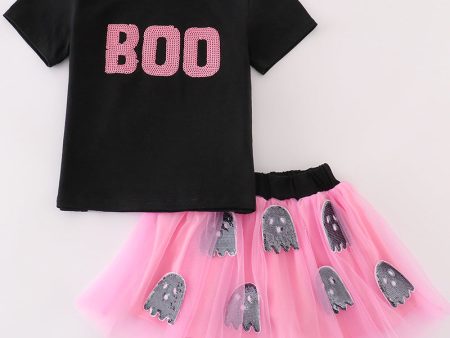 Black halloween boo sequin tutu skorts set For Discount