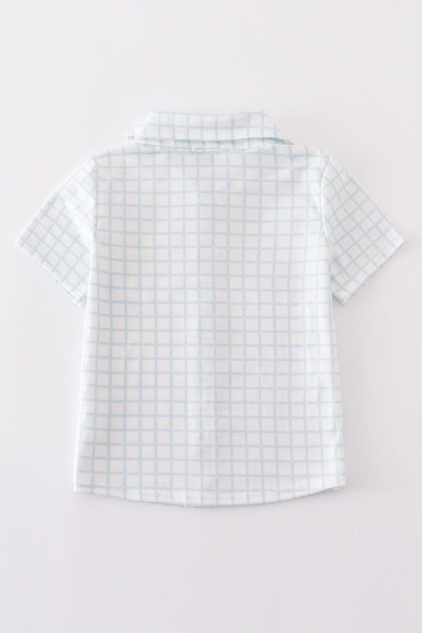 Blue checkered boy button down shirt For Cheap