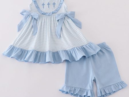 Blue easter cross embroidery girl set Hot on Sale