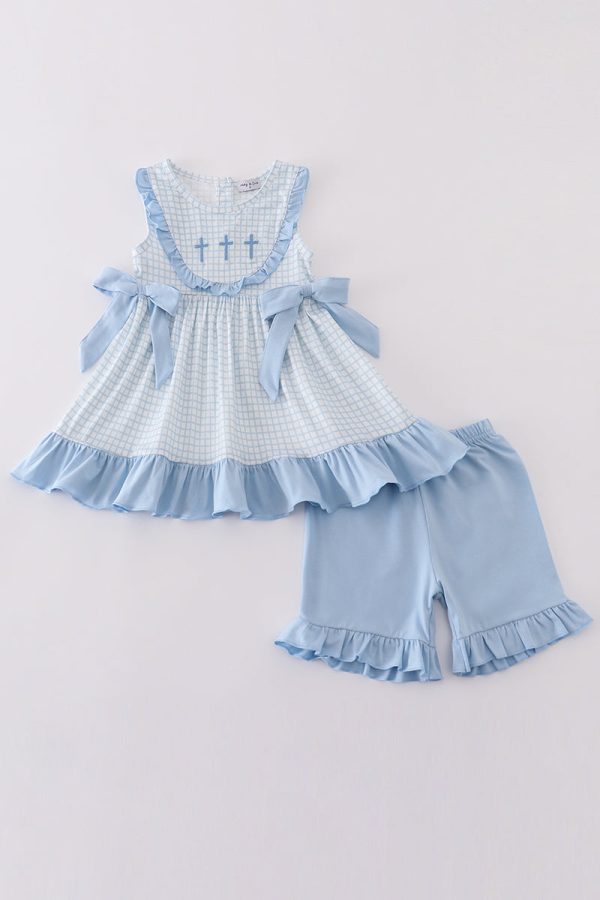 Blue easter cross embroidery girl set Hot on Sale