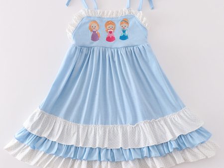 Blue princess embroidery ruffle dress Online