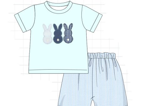 Blue easter bunny applique boy set For Cheap