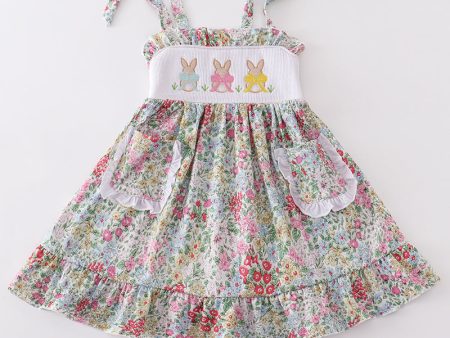 Easter floral print bunny embroidery girl dress Hot on Sale