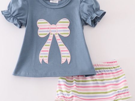 Blue bow applique girl bloomer set Supply