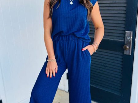 Blue Texture knit short sleeve t-shirt and wide leg pant set Sale