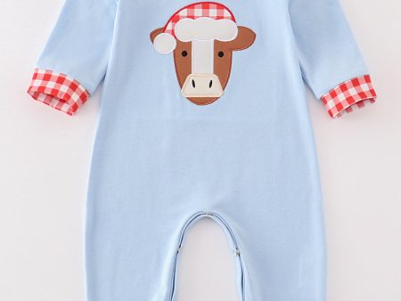 Blue christmas cow applique boy romper on Sale