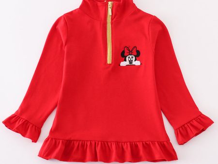 Red character embroidery girl zipper pullover Online Hot Sale