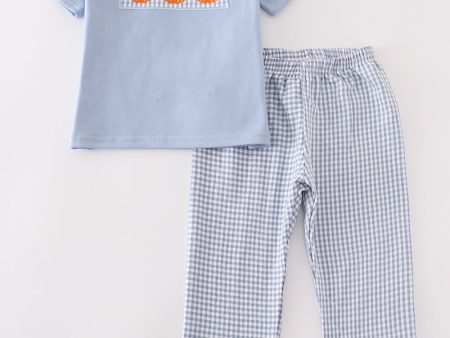 Blue gingham pumpkin embroidery boy set For Sale