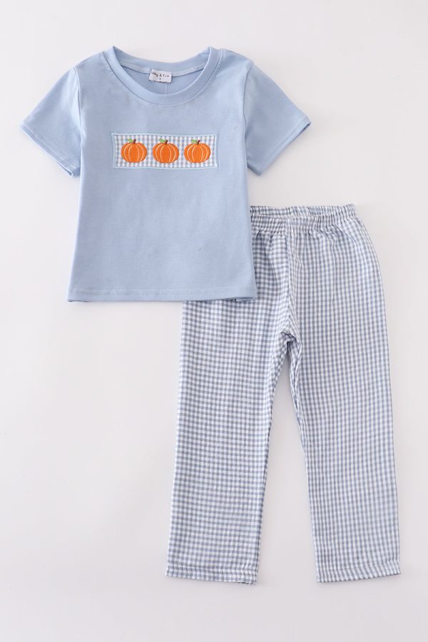 Blue gingham pumpkin embroidery boy set For Sale