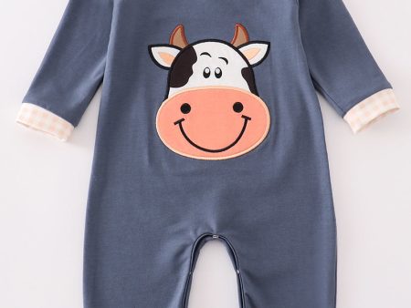 Blue cow applique boy romper Online Hot Sale