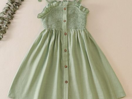 Sage linen smocked button dress Fashion