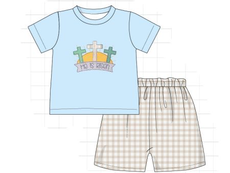 Blue easter he is risen applique boy set For Cheap