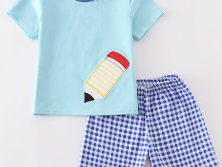 Blue pencil applique boy set For Discount